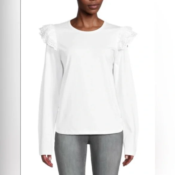 Joe's Jeans Womens Ruffle Eyelet Sleeve 100% CottonTop White Stylish Size XS NWT - Picture 3 of 9